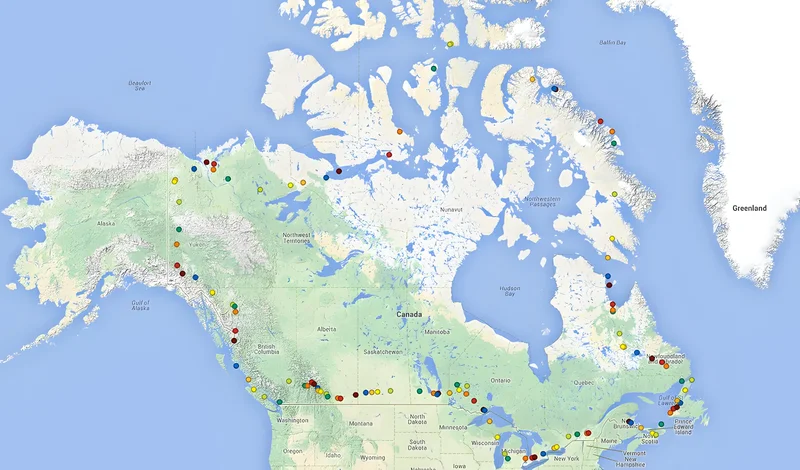 You can see the route he took clockwise around Canada starting in Vancouver